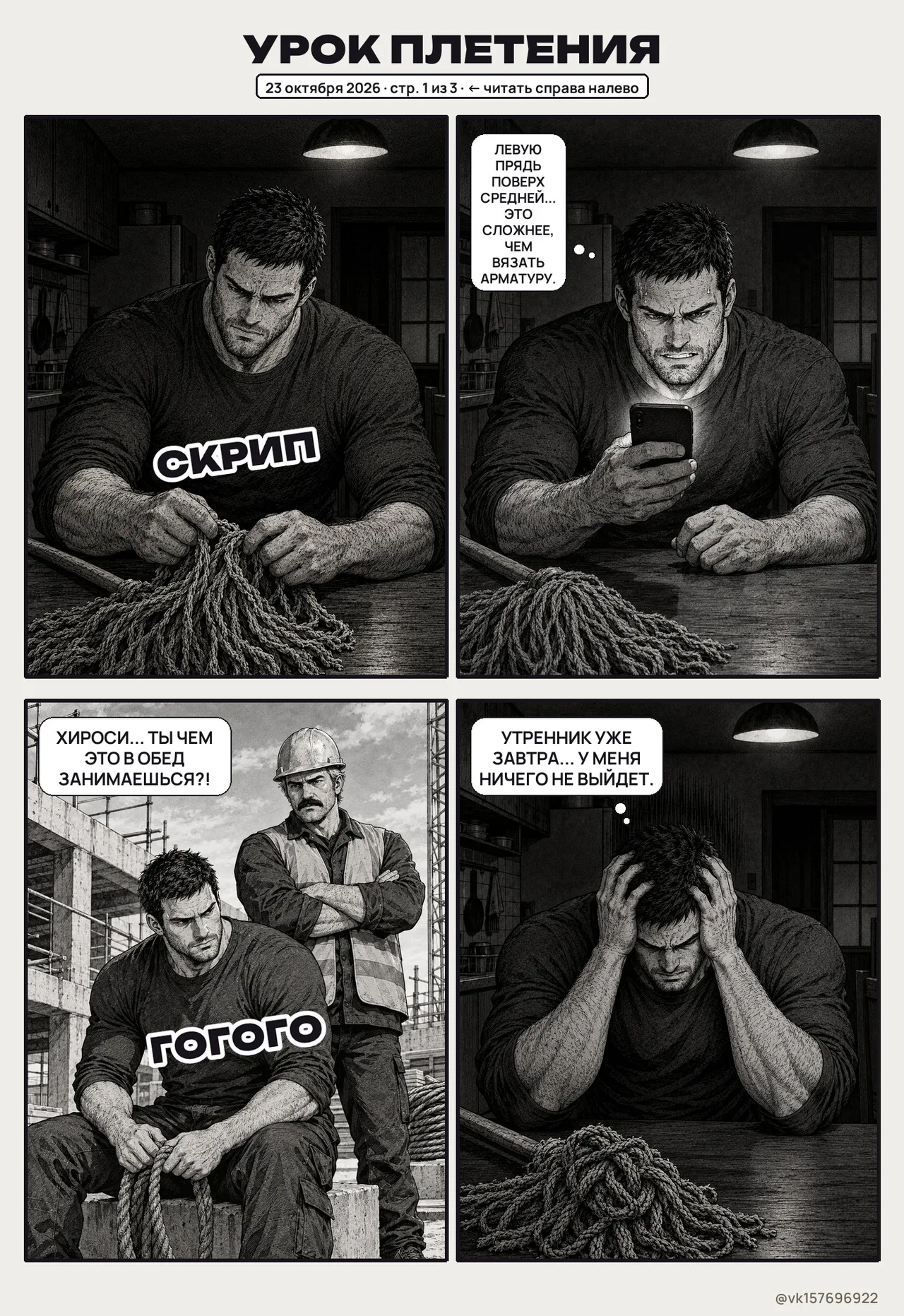 Манга «Урок плетения», стиль гэкига, герои: Хироси, Аои, Кэндзи, страница 1 из 3
